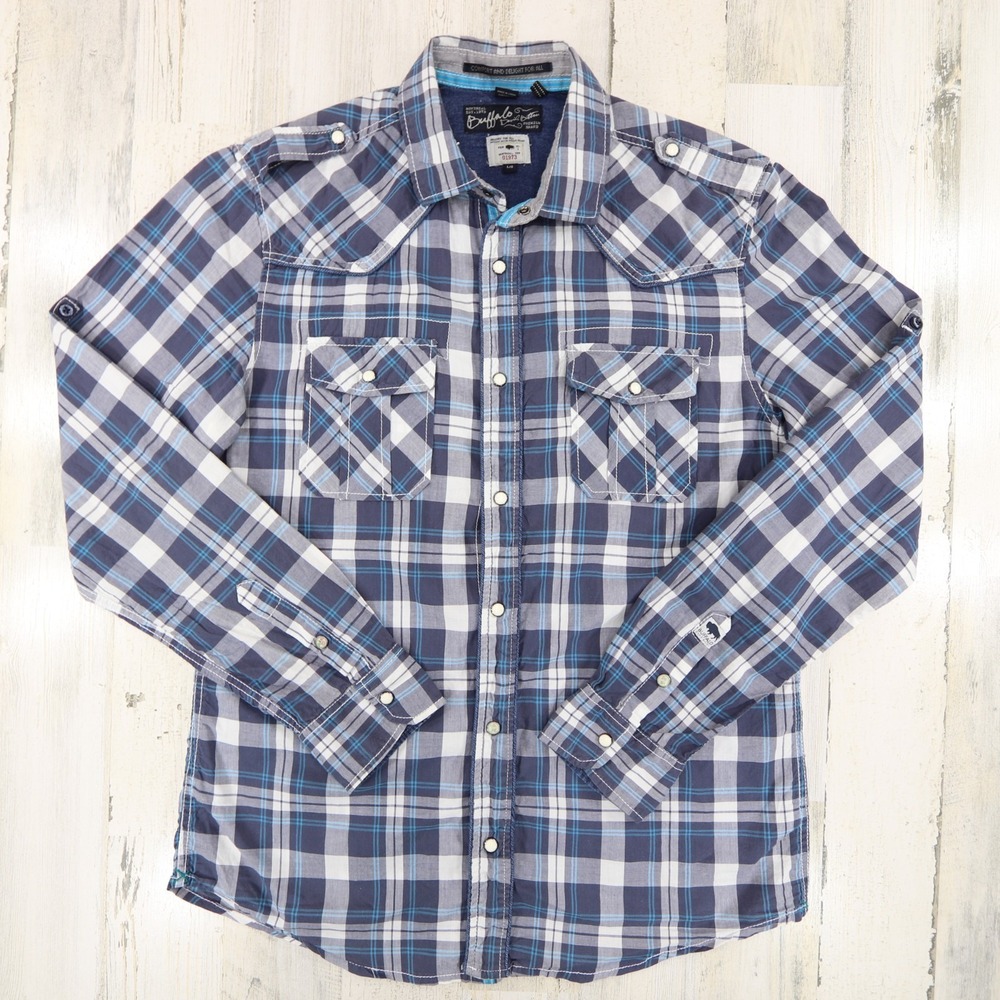 Buffalo David Bitton Shirt Mens Large Blue Pearl Snap Western Long Sleeve